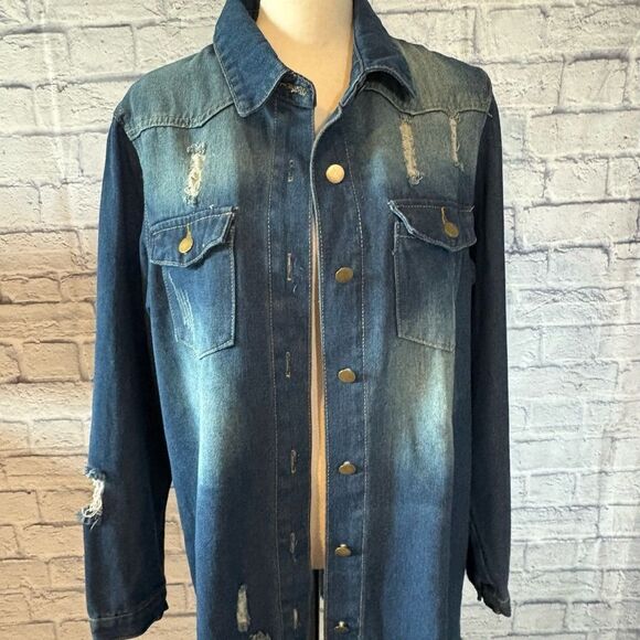 Amazon Women's Dark Blue Distressed Jean Jacket - Picture 1 of 5